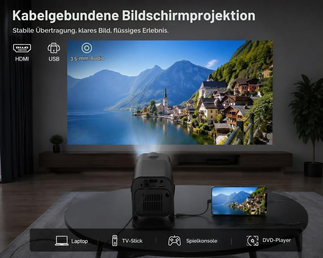 Mini Beamer, Tragbarer HD 1080P Heimkino Projektor mit HDMI-/USB-Kabelverbindung, Manueller Fokus, 1