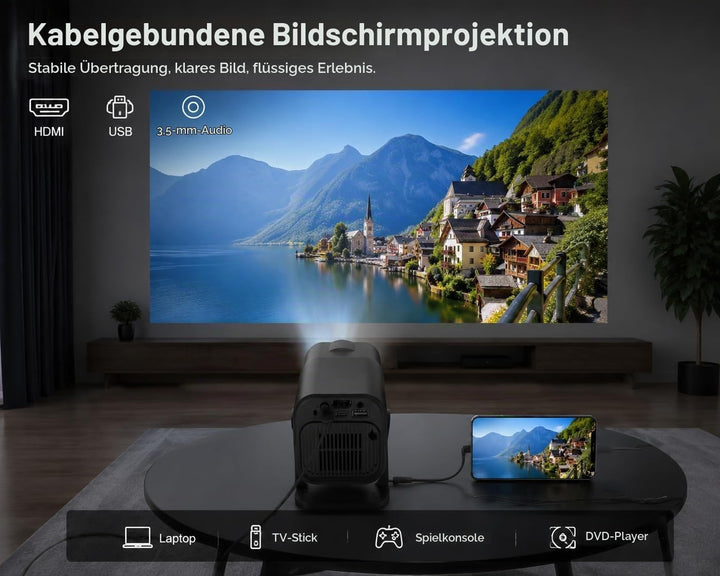 Mini Beamer, Tragbarer HD 1080P Heimkino Projektor mit HDMI-/USB-Kabelverbindung, Manueller Fokus, 1