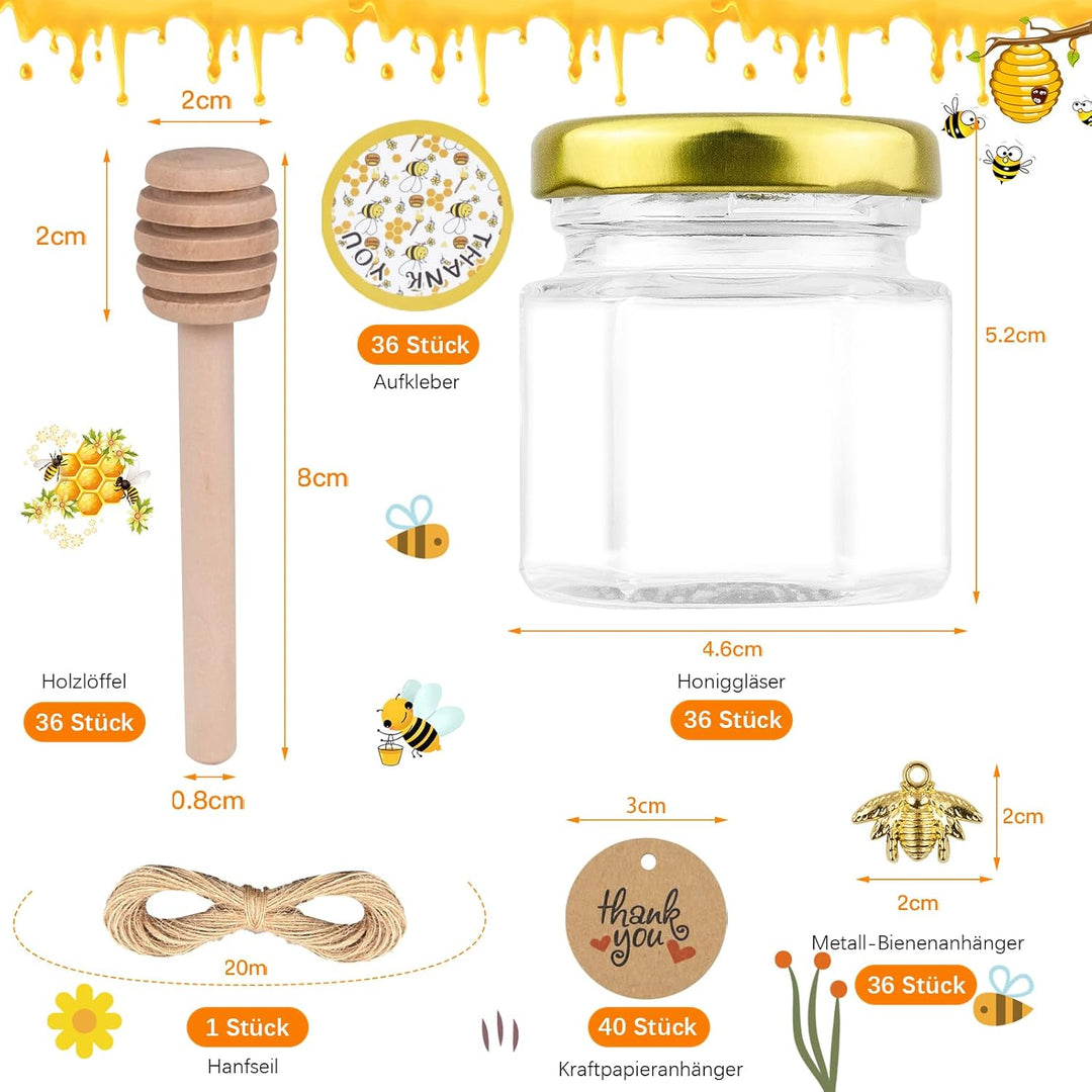 Dhnvcud 36 Stück Sechseckige Honiggläser Mini Marmeladenglas mit Deckel, Honiggläser 45ml Mini Gläse