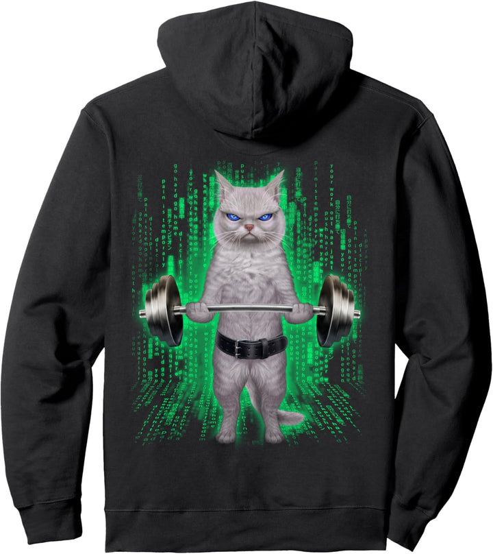 Weisse Katze, die Gewichte im Cyber-Fitnessstudio hebt Pullover Hoodie