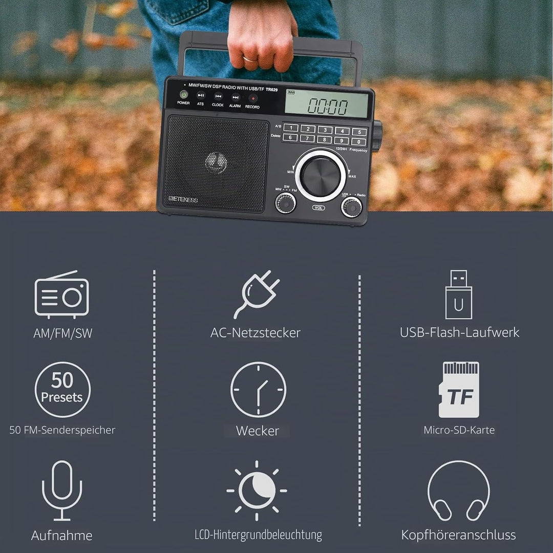 Retekess TR629 Tragbares Radio,Weltempfänger Radio mit Lautsprecher,FM AM SW LW,AC Kabel oder Batter