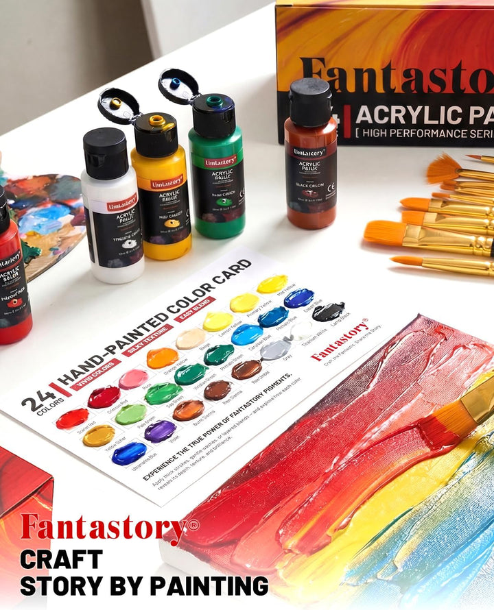 Fantastory Acrylfarben Set 24x 60ml,12 Pinsel;Exzellente Deckkraft,hohe Lichtechtheit,wasserfest Acr