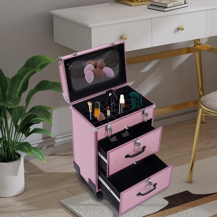 Kosmetikkoffer Trolley, Make Up Koffer Mit 2 Schubladen und 2 Schloss, Friseurkoffer Gross 36x23x58c