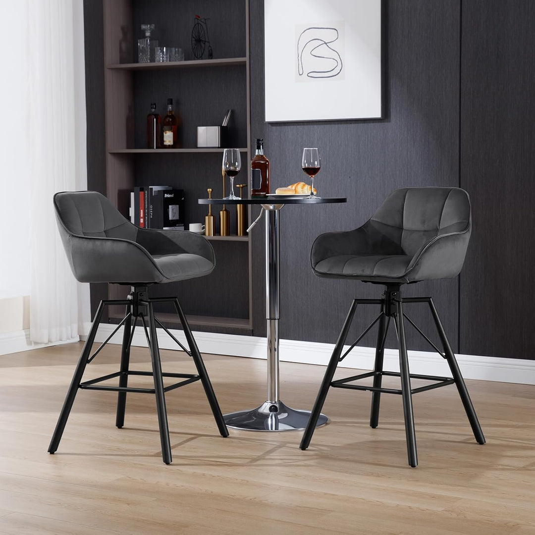 WOLTU Barhocker 2er Set, Barstuhl mit Lehne, Samt, Dunkelgrau | Bistrohocker 360°drehbar, Tresenhock