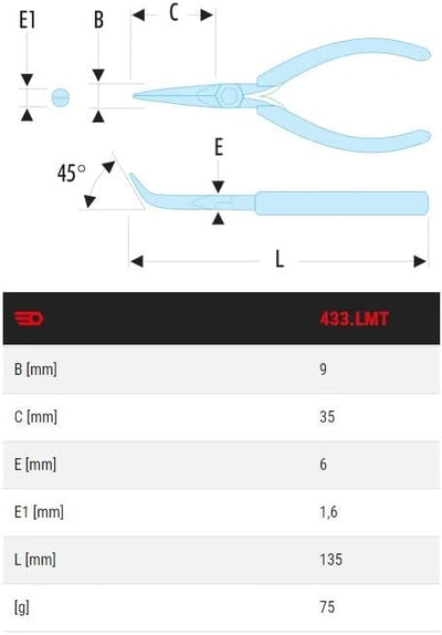 FACOM Zange Mitextra-langen, schmalen Backen, 45 GR gebogen,Länge 135 mm, 1 Stück, 433.LMT