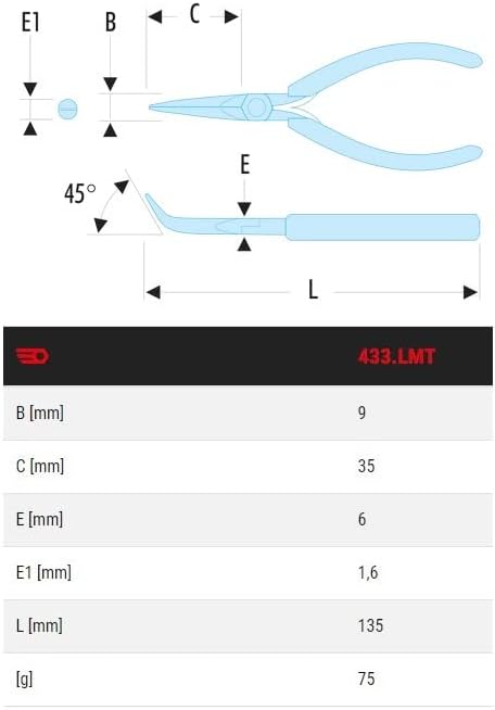 FACOM Zange Mitextra-langen, schmalen Backen, 45 GR gebogen,Länge 135 mm, 1 Stück, 433.LMT