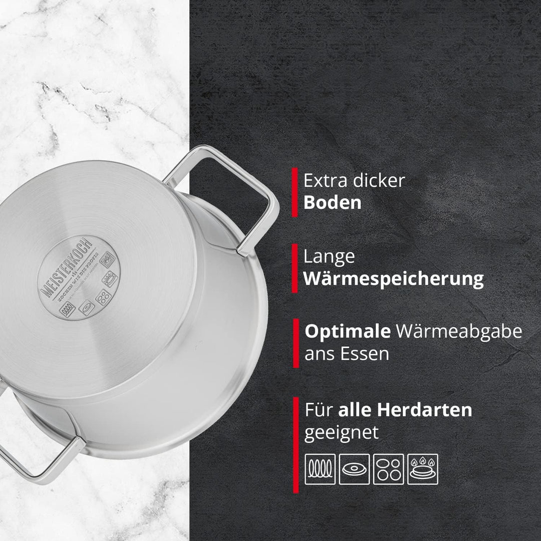 MEISTERKOCH Topf aus gebürstetem Edelstahl 20 cm Ø | mit Ausguss, Innenskalierung und isolierenden K