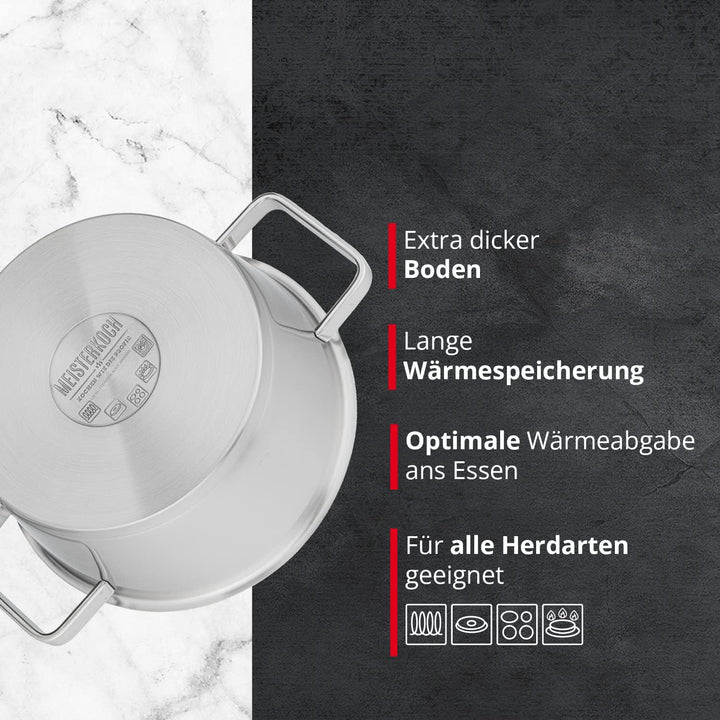 MEISTERKOCH Topf aus gebürstetem Edelstahl 20 cm Ø | mit Ausguss, Innenskalierung und isolierenden K