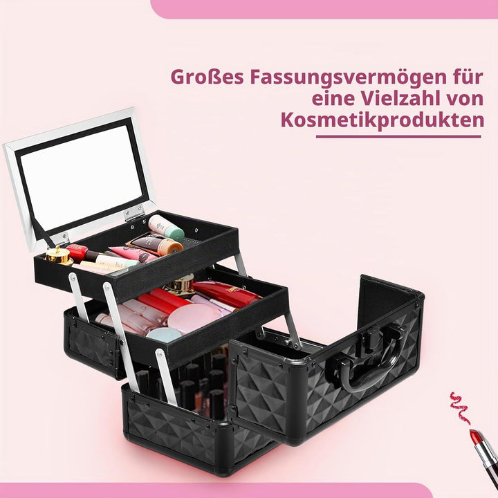 HOMASIS Kosmetikkoffer mit Spiegel, Mini Schminkkoffer mit 3 Ebenen, tragbarer Beauty Case mit Griff