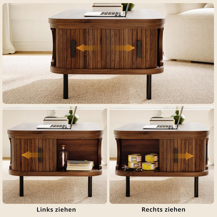 IRONCK Couchtisch höhenverstellbar, Wohnzimmertisch mit Stauraum, Holz Kaffeetisch mit Schiebetüren,