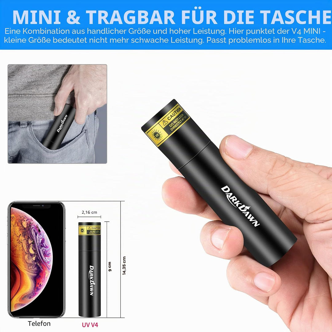 DARKDAWN UV Taschenlampe 365nm Licht, Schwarzlicht Mini Wiederaufladbar, Woodsche Lampe Tragbare LED