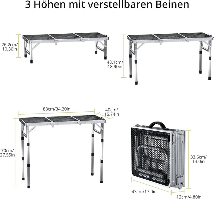 Anbte Campingtisch Klapptisch 87x40cm Aluminium Rahmen 3 Höhenverstellbar 26/48/70cm Koffertisch mit