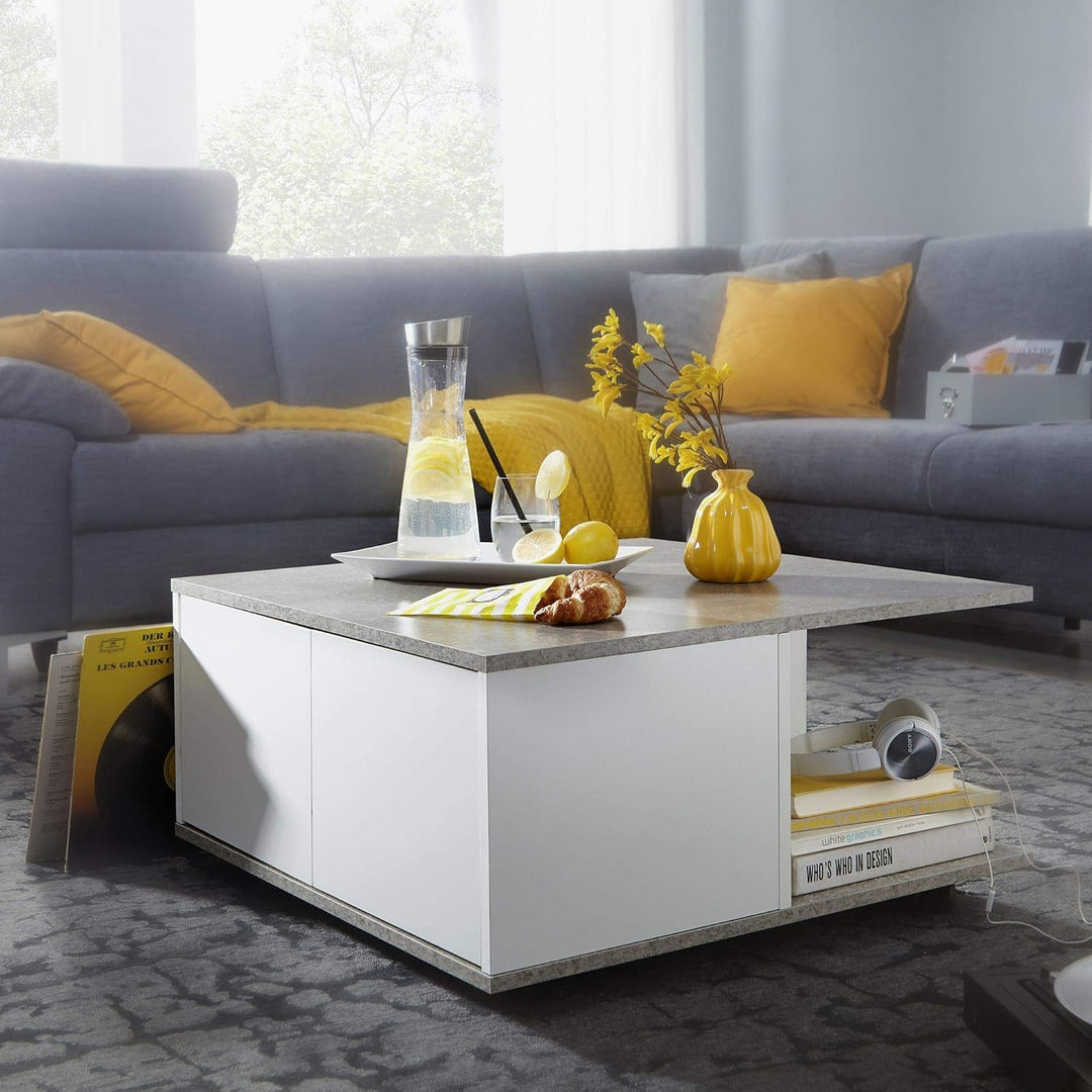 Couchtisch RAPIDO: 70x70x36,5 cm, 2 Schubladen, Rollen, Melaminharzbeschichtung, Weiss/Anthrazit Far
