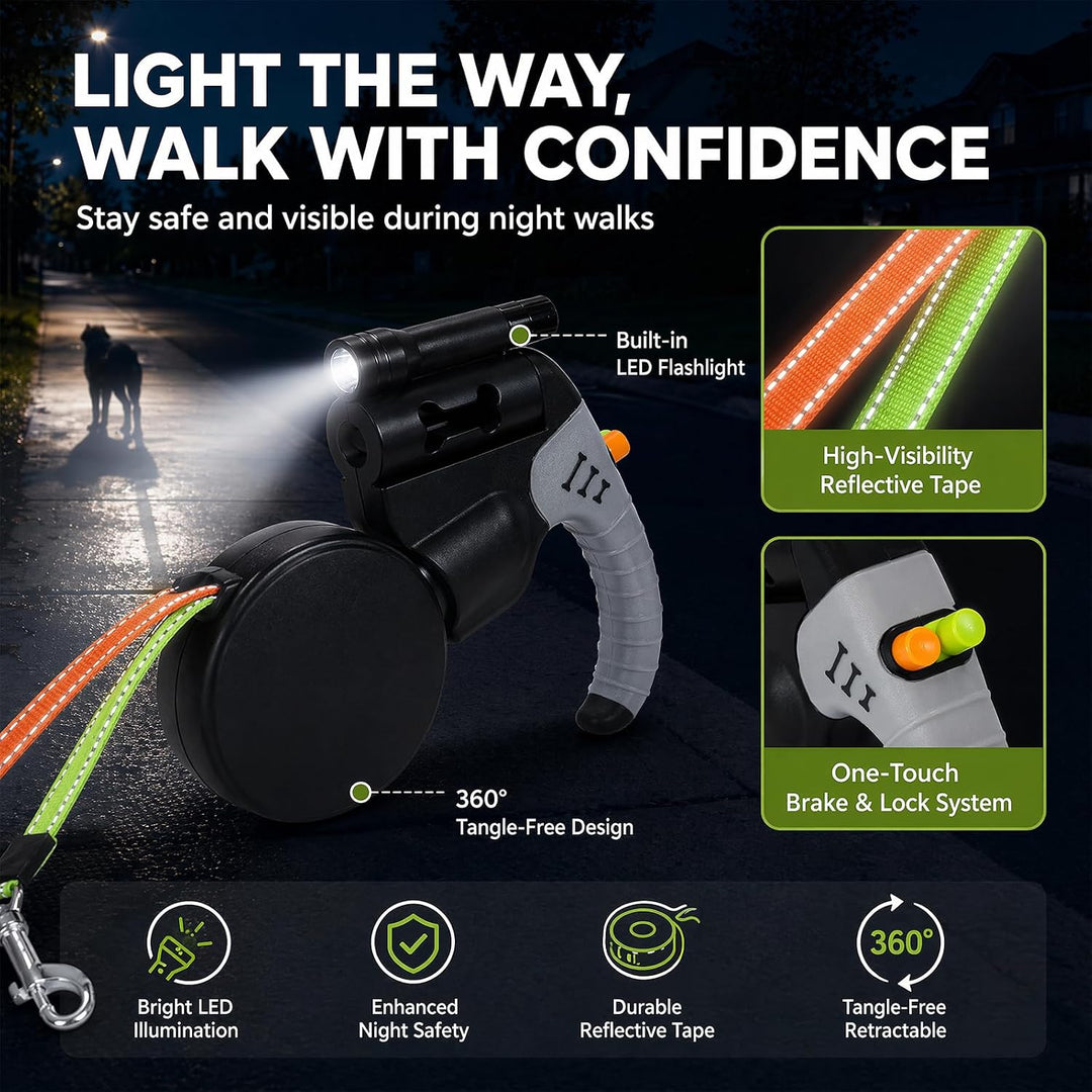 Gohytal Doppelleine 3 Meter für 2 Hunde, Ausziehbare Leine für Hunde mit LED-Licht, 360° Verhedderun