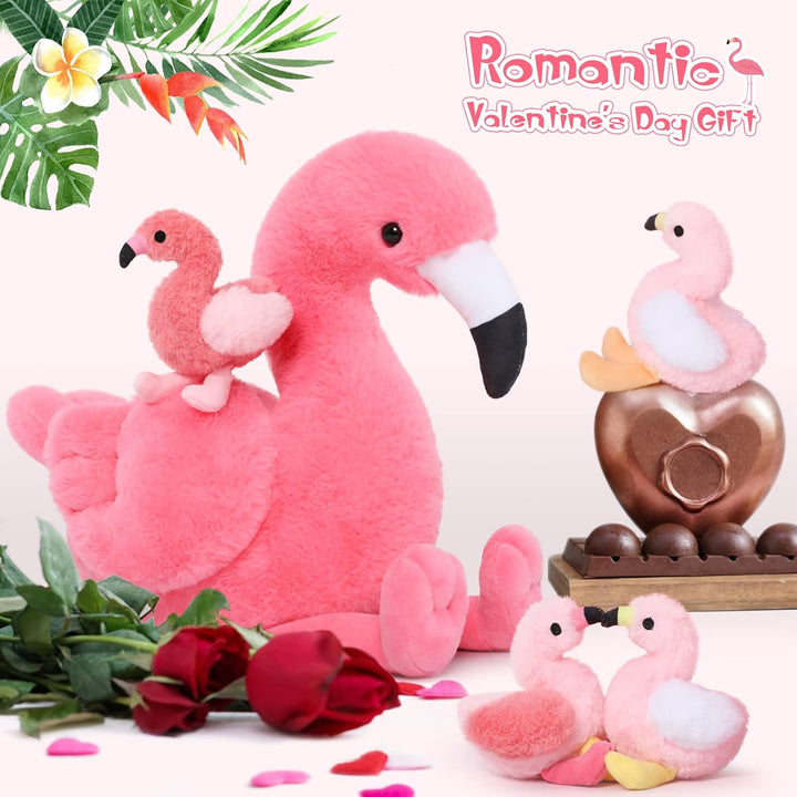 MorisMos 45cm sitzend Plüsch Flamingo mit 4 Baby im Bauch, Rosa Süss Kuschelig Flamingon Plüschtier