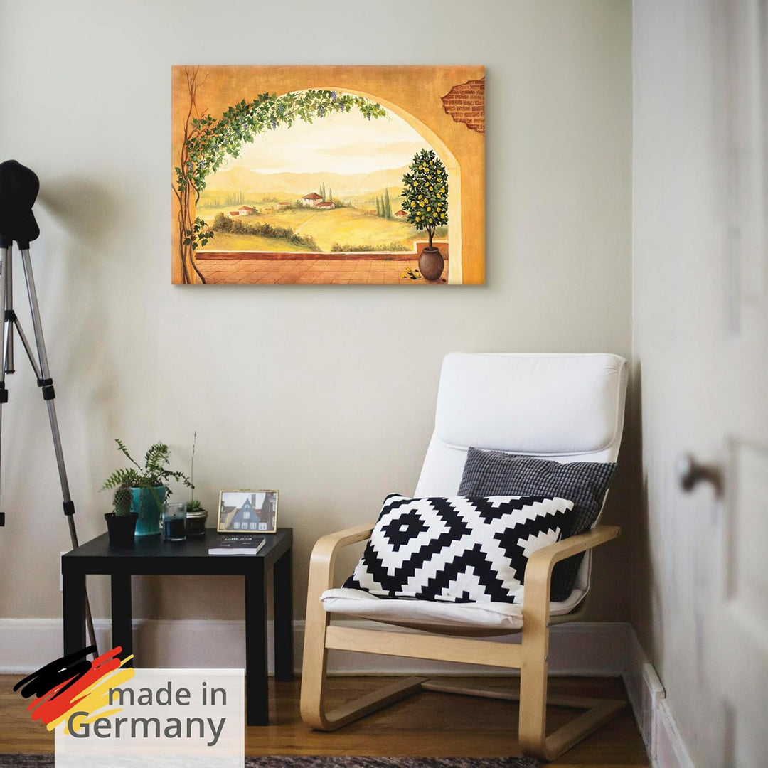 Artland Leinwandbild Wandbild Bild auf Leinwand 100x70 cm Wanddeko Fensterblick Fenster Toskana Land