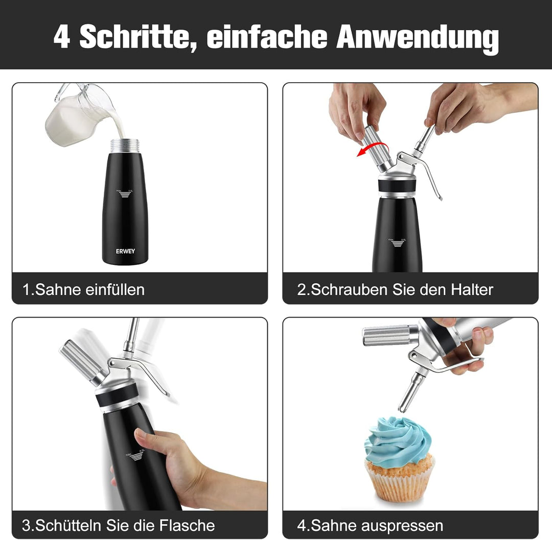 ERWEY Sahnespender 500ML, Sahnesyphon Edelstahl, Sahnesprüher Auslaufsicherer Einfach Reinigen mit 3