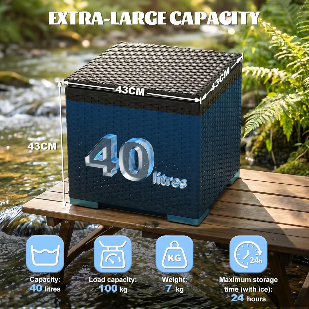 Verdego Kühlbox 40 L, Camping Kühlbox Gross 43x43x43cm, PE Rattanoptik, Doppelwandige mit Stahleinsa
