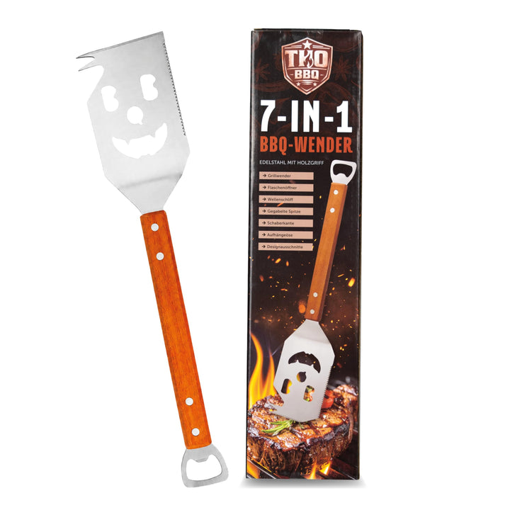THO BBQ 7-in-1 Grillspachtel Edelstahl mit Holzgriff – Grillwender mit Flaschenöffner, Schaberkante