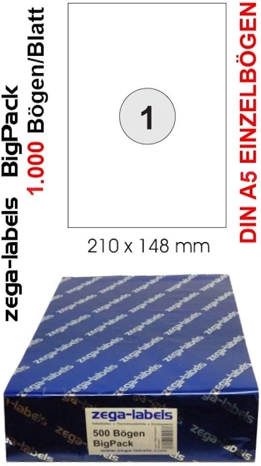 1.000 Etiketten 210 x 148 mm selbstklebend einzeln = DIN A5 Bögen (1x1 Etikett DIN A5) - 1.000 Blatt