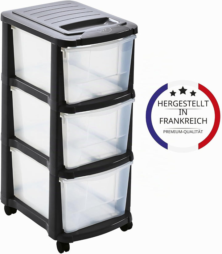 Aufbewahrungsturm aus Kunststoff, Anthrazitgrau – 3 grosse, transparente Schubladen – mit Rollen – H