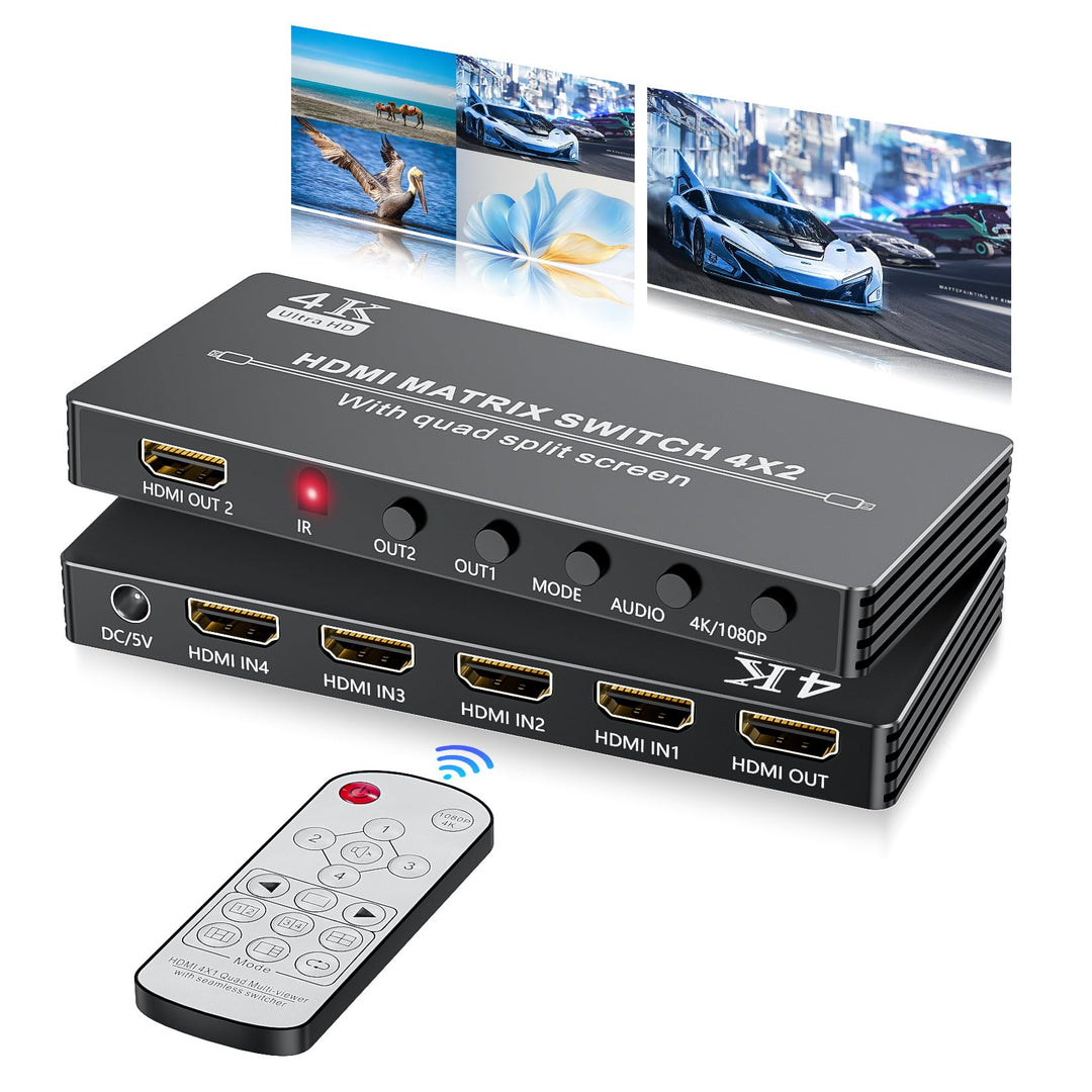 HDMI Matrix Switcher 4x2 mit Multiview, Bolaazul 4K HDMI Multi-Visor Quad Multi-Viewer Dual Monitor