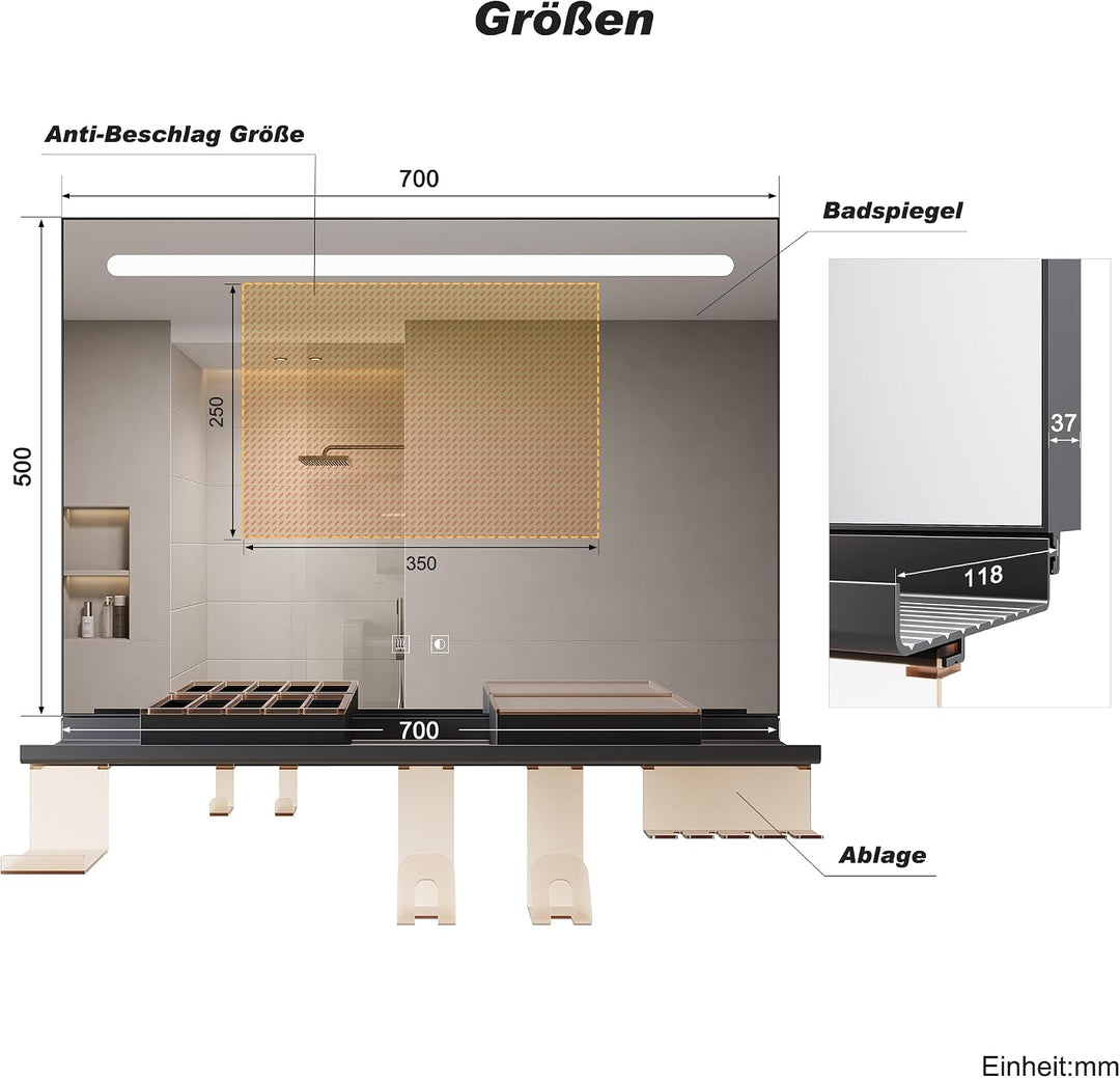 SONNI LED Badspiegel 70x50 cm, LED Wandspiegel mit Ablage 70 cm, 3 einstellbare Lichtfarben, Anti-Be