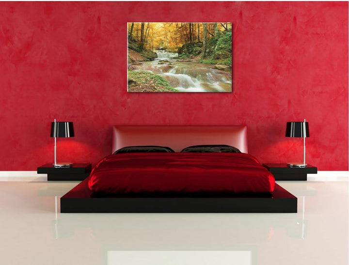 Pixxprint Waldbach im Herbst als Leinwandbild/Grösse: 100x70 cm/Wandbild/Kunstdruck/fertig bespannt,