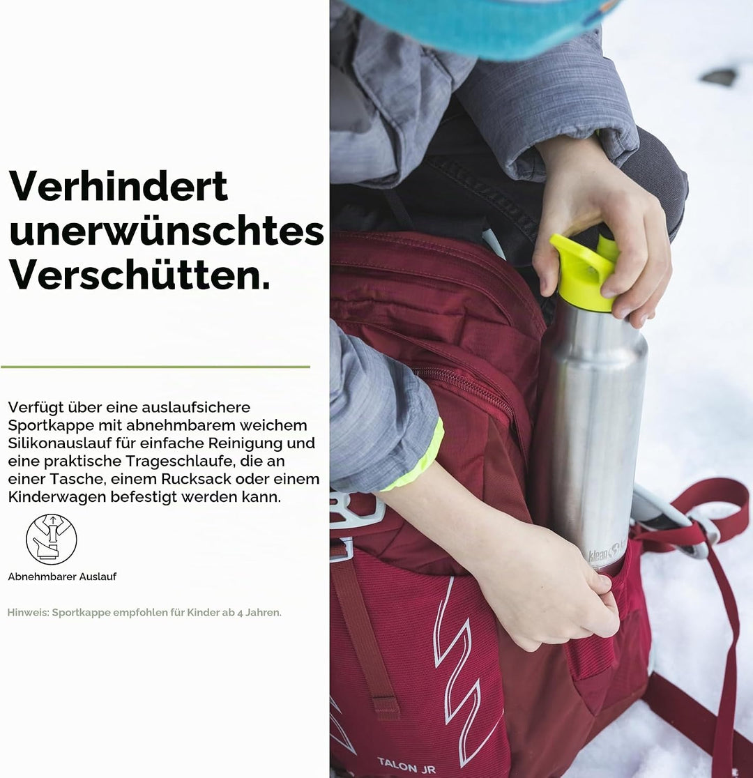 Klean Kanteen Unisex – Erwachsene Classic Sport Flasche 355 ml Single Brushed Stainless, 355 ml Sing