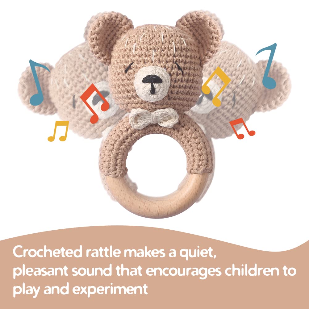 Youuys Babyrassel Gehäkelte Holz Häkeln Tiere Greifling Baby Holz Rassel Baby mit Sound Handmade Ras