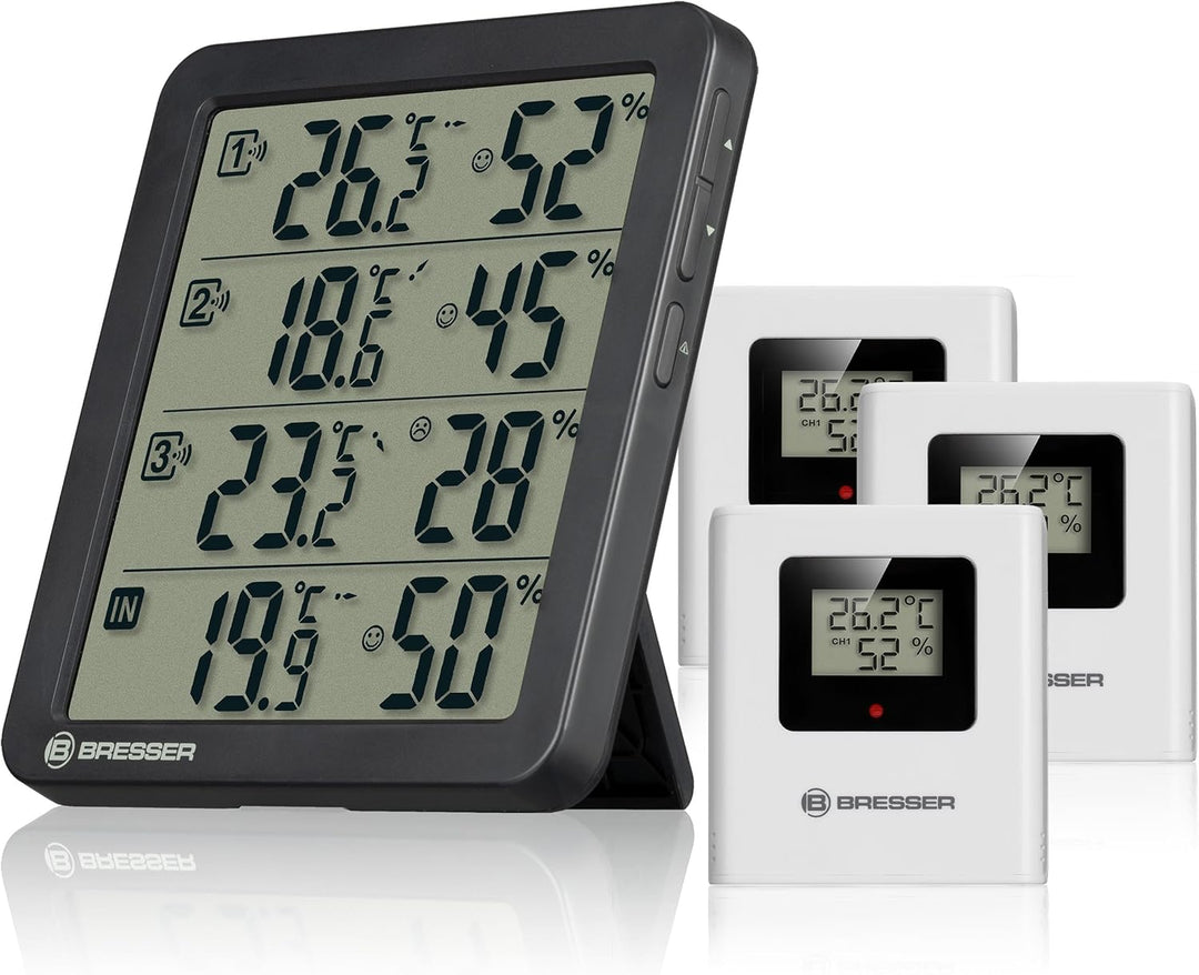 Bresser Quadro NV Thermo-Hygrometer mit 4 Messpunkten, integrierter Sensor und 3 Funksensoren, Smile