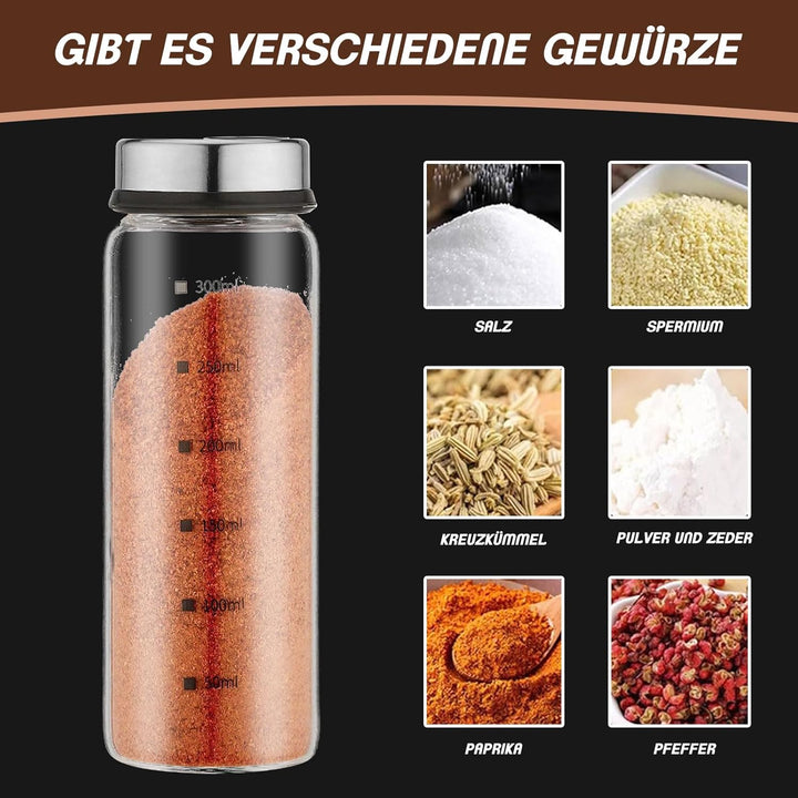 3 Stück Gewürzgläser mit Drehdeckel - 300ml Salzstreuermit 4 Gewürzlöchern, Streuer Gewürze Gewürz G