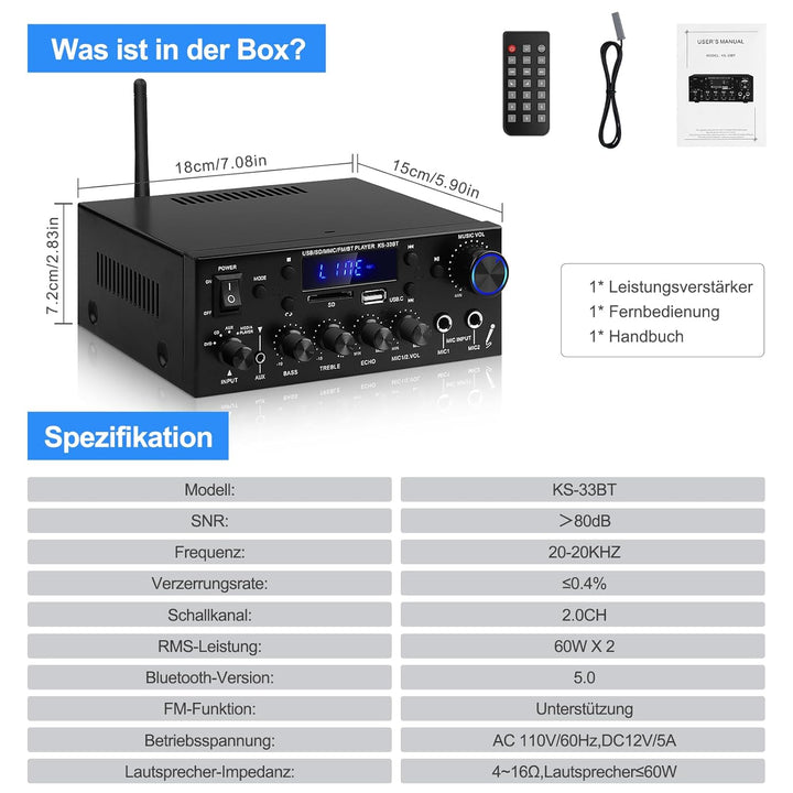 Audio-Verstärker für Zuhause, KS-33BT 2-Kanal Bluetooth5.0 HiFi-Verstärker, RMS 60W X 2 Max 400W X 2