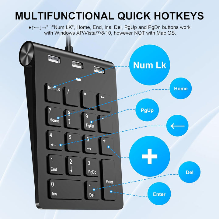 Numeric Keypad Wired Numpad, USB A/USB C Ziffernblock Ergonomischer Mini Nummernblock mit 3 USB 2.0