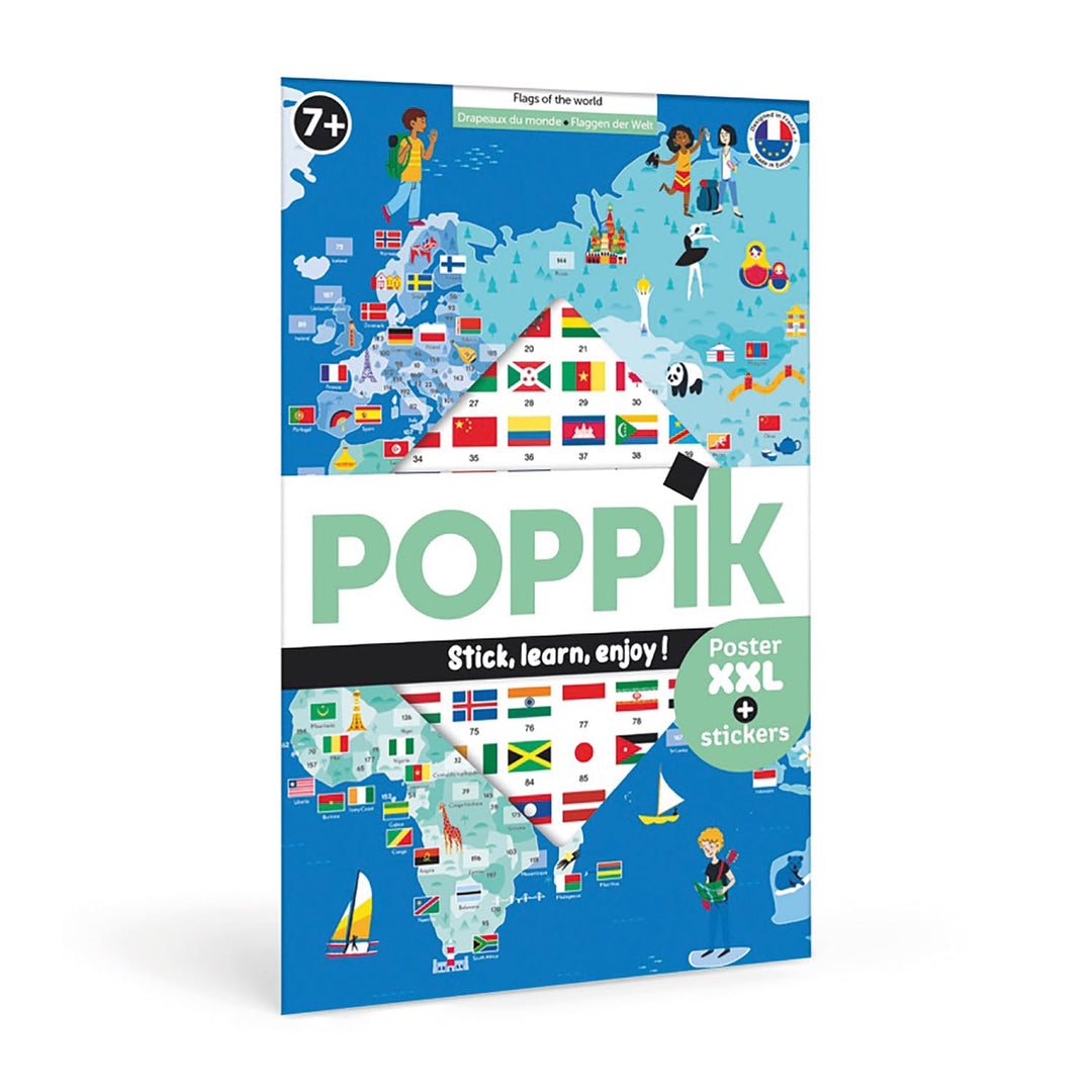 POPPIK 1841223 Sticker-Poster, Flaggen der Welt, interaktives Lernposter mit Aufklebern, mehrsprachi