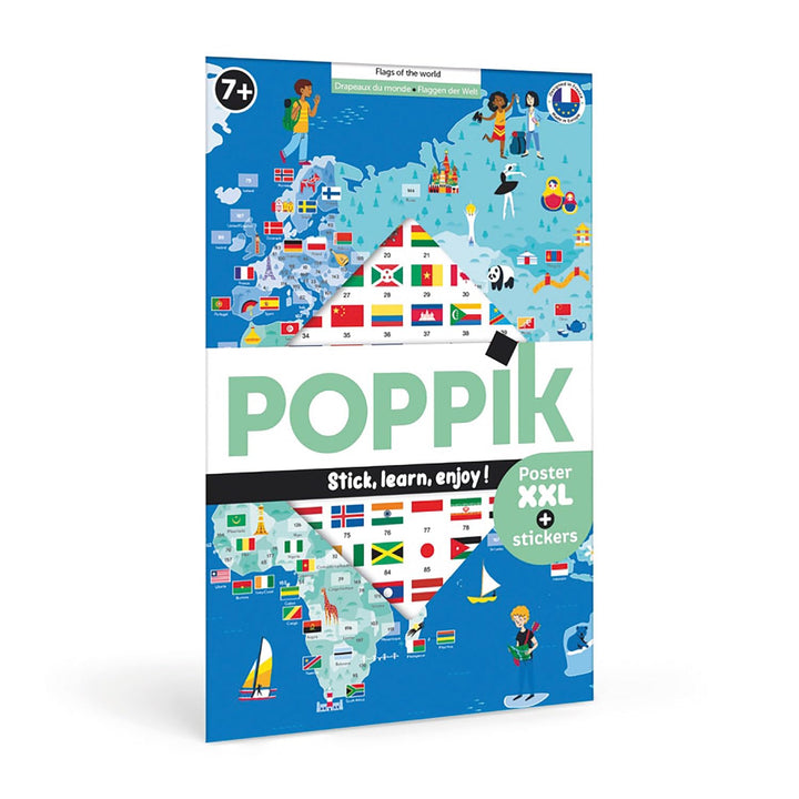 POPPIK 1841223 Sticker-Poster, Flaggen der Welt, interaktives Lernposter mit Aufklebern, mehrsprachi