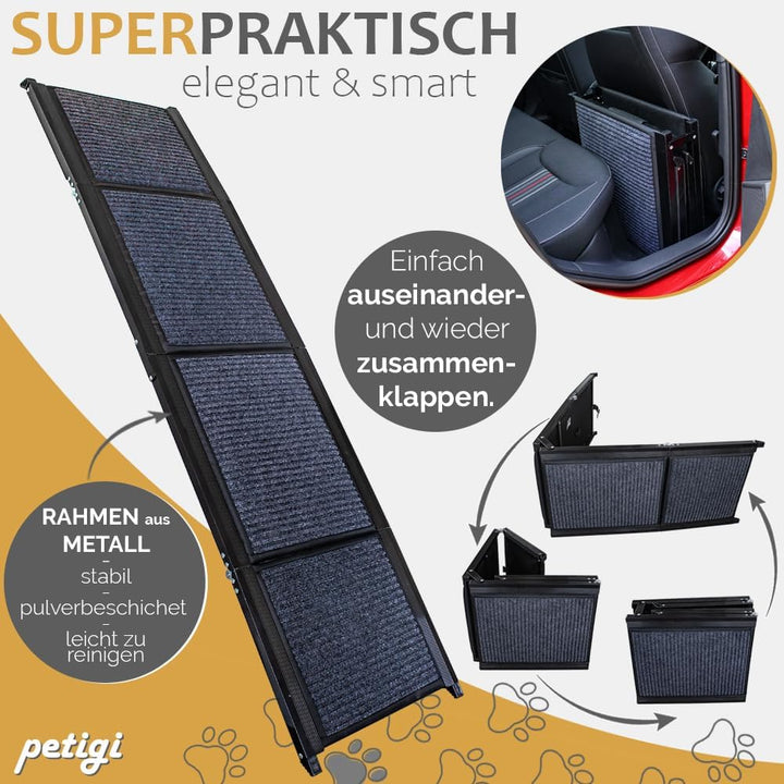 Petigi Hunderampe mit rutschfesten Teppich 180 cm klappbar für Auto Hunde Rampe Hundetreppe Einstieg