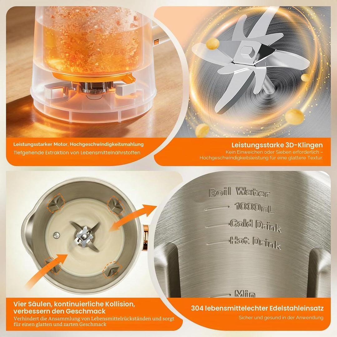 Nussmilchmaschine, 1000ML 8-in-1 Sojamilch Maschine, Automatische Warmhaltefunktion &amp; Selbstreinigun