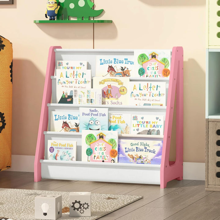 NACHES Kinder Bücherregal, Kinderregal mit 4 offenen Stofffächern, 60x30x60cm, aus Holz, Vliesstoff,