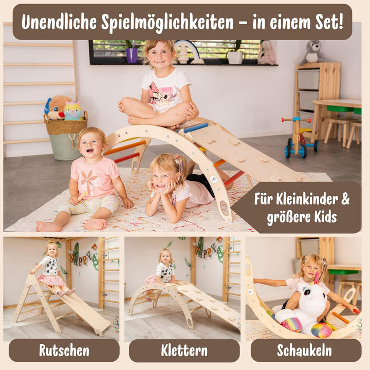 WoodsCraft Kletterbogen mit Kissen & Rutsche Indoor | Wippe Kinder & 2in1: Babyrutsche & Rampe | Hol