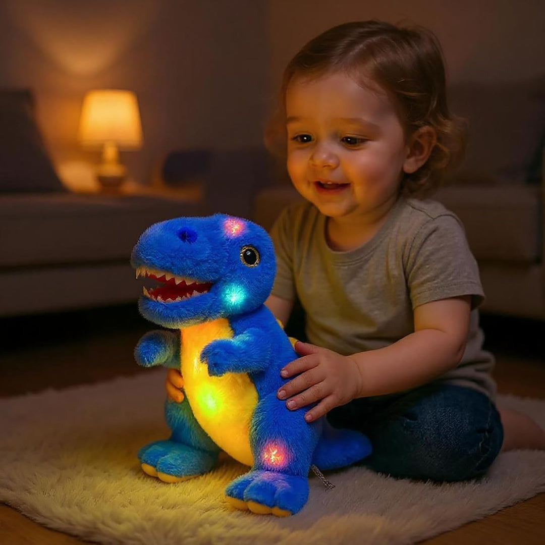 Blau Dinosaurier LED Musikalisches Plüschtier mit Leuchtend Singender T-Rex Schlaflied, Dino Kuschel