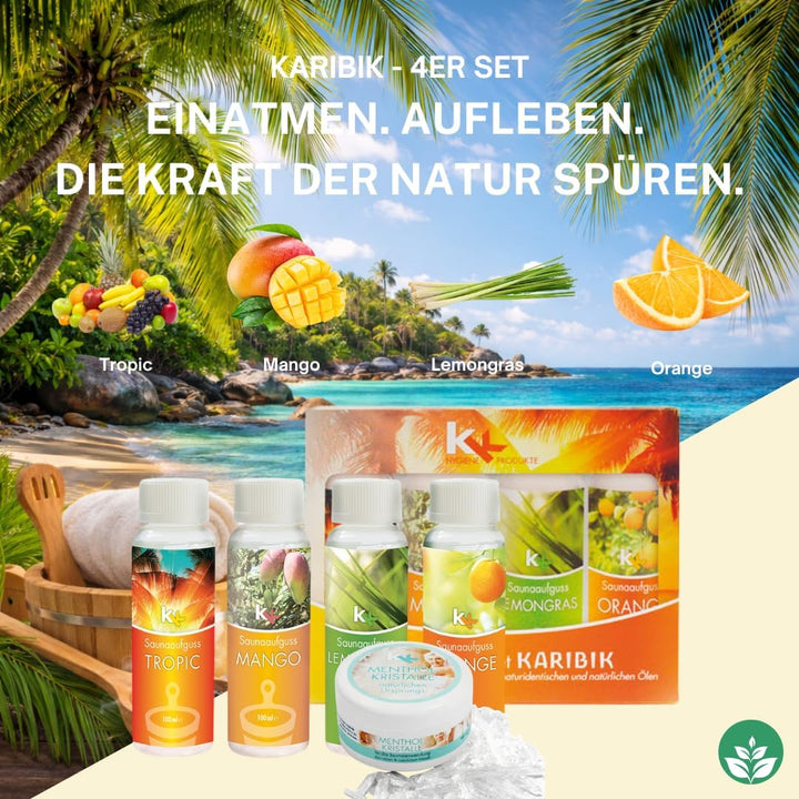 Sauna Set | KK Saunaaufgussset 4 x 100 ml + 50g Mentholkristalle | Saunakonzentrat + Menthol-Kristal
