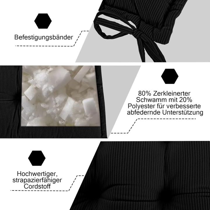 Indoor Sitzkissen Stuhl 2er Set – Komfortable Cordstoff-Sitzmatte Stuhlkissen mit Bändern, Hochwerti