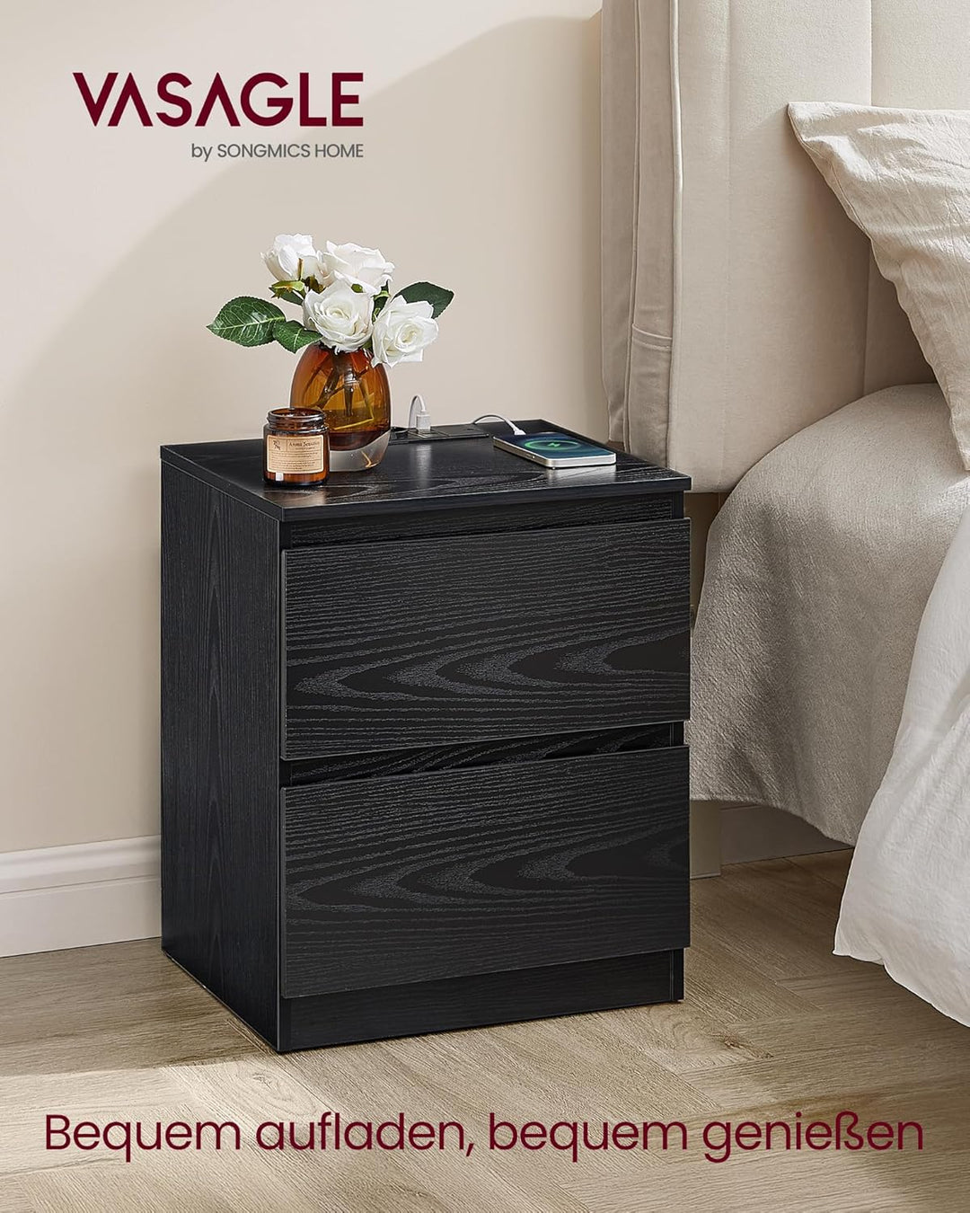 VASAGLE Kailyn Collection – 2er-Set Nachttisch mit Steckdosenleiste, Beistelltisch, 2 Schubladen, 2