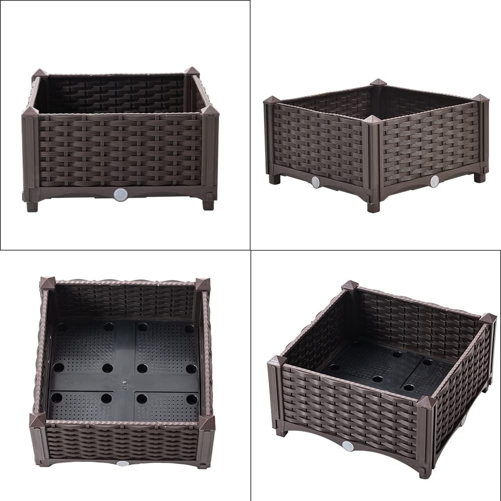 Mingone Blumentopf Rattan Optik aus Kunststoff Blumenkasten Balkonkasten mit Wasserspeicher Pflanzka