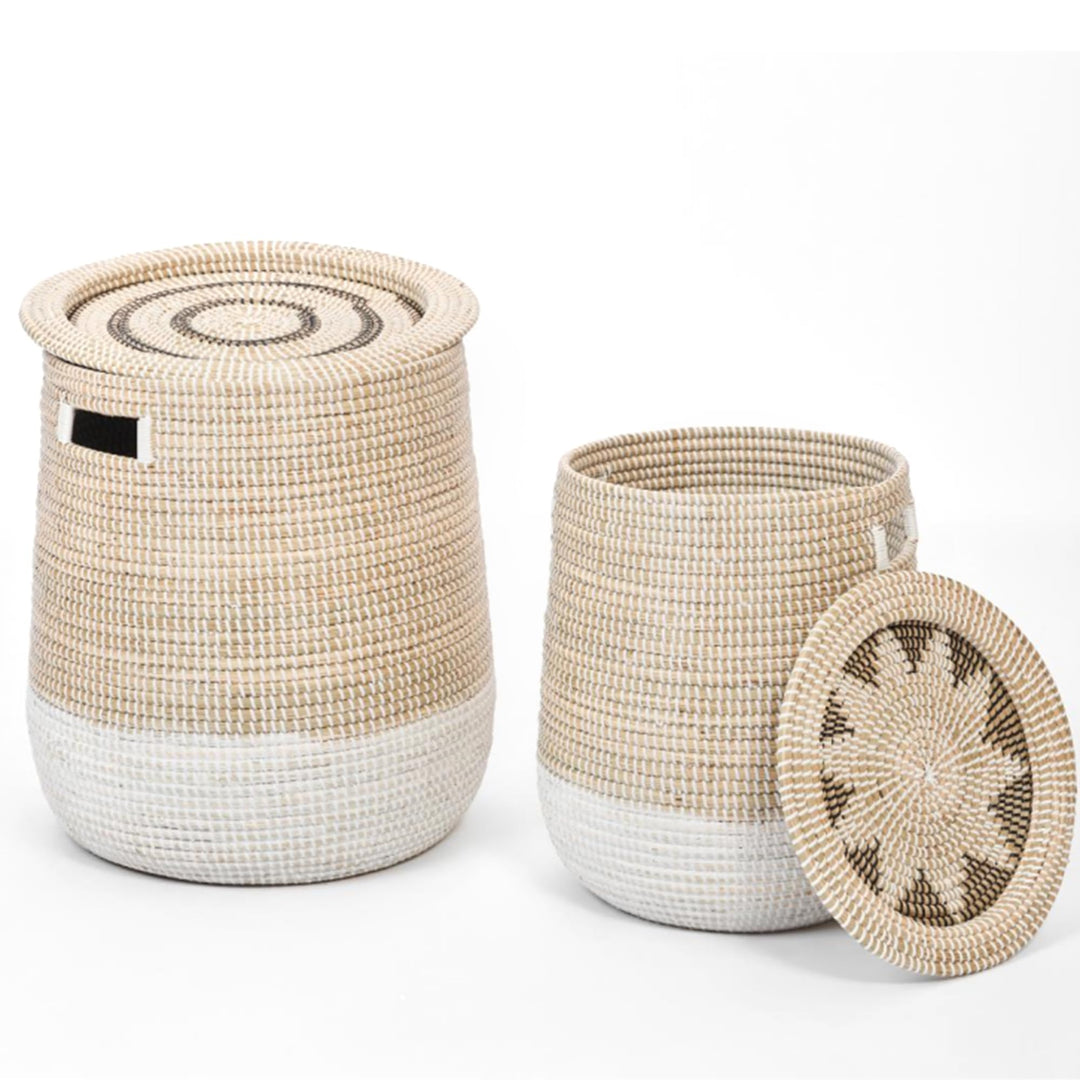 2 Set Wäschekorb mit Deckel und Innere Beutel | 86L+45L | Korb Geflochten aus Seegras | Handgefertig