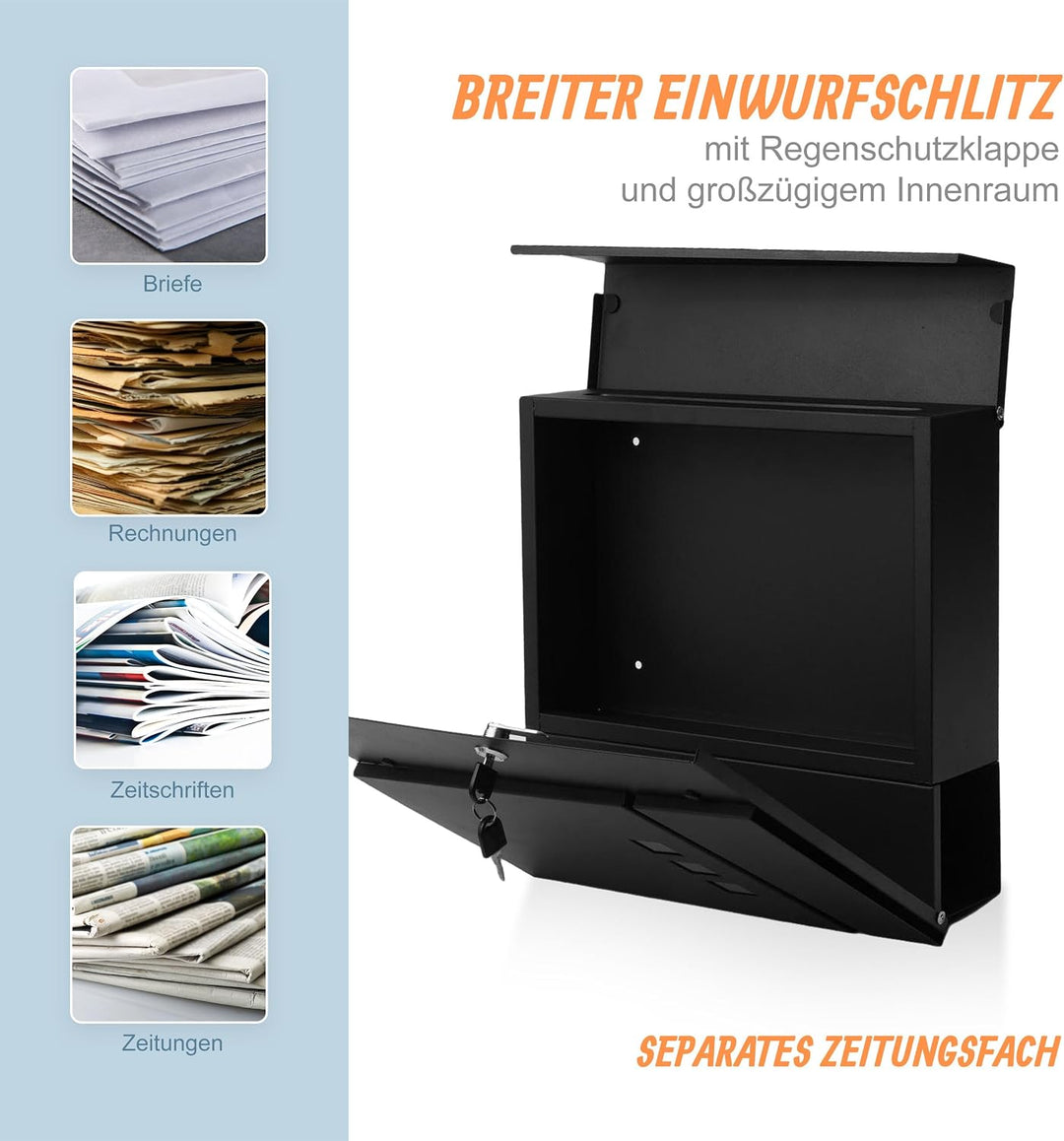 Relaxdays Briefkasten mit Zeitungsfach, HBT: 37,5 x 37 x 10,5 cm, DIN C4, wetterfest, 4 Schlüssel, P