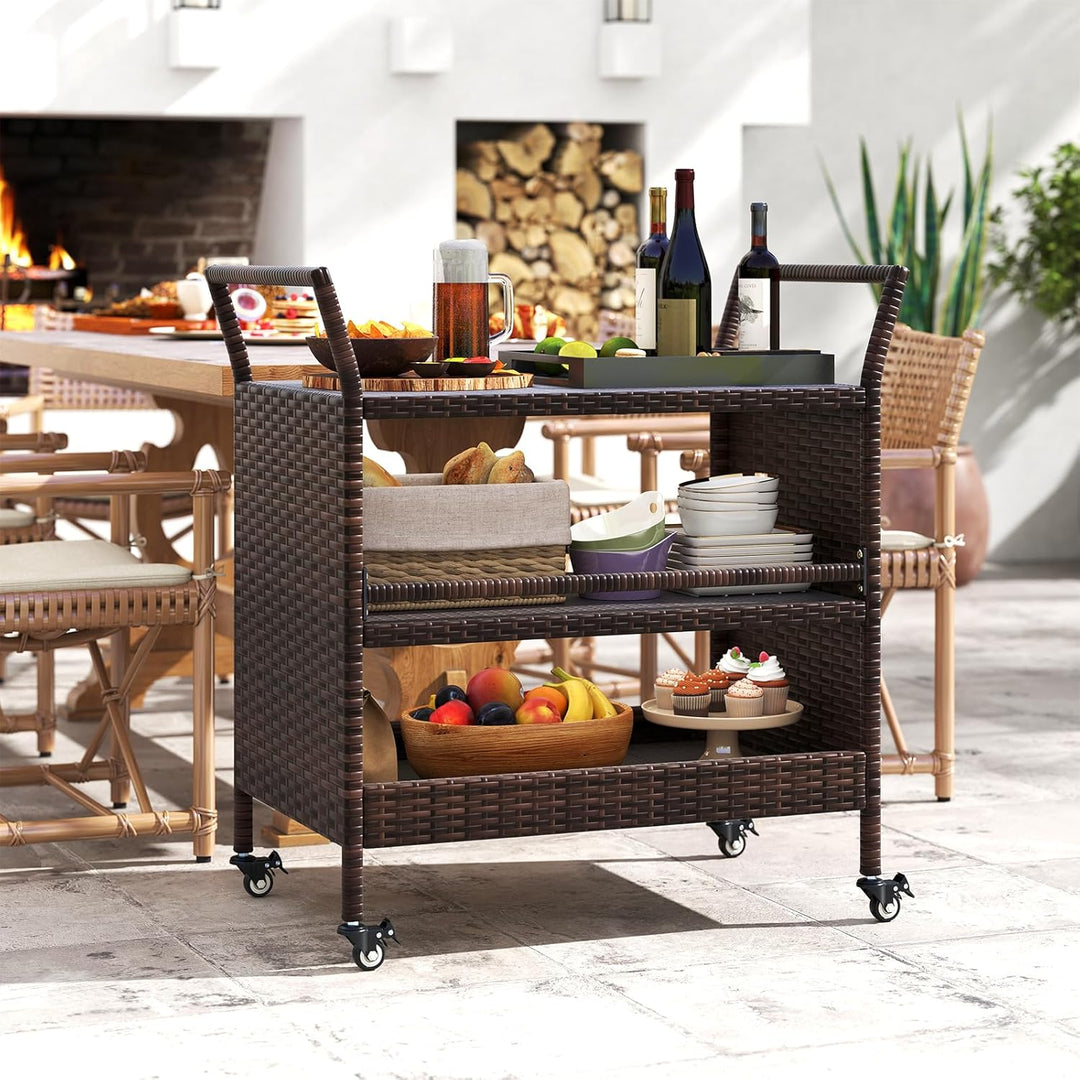 COSTWAY Servierwagen Rattan, Küchenwagen mit 3 Ablagen & Rollen & Seitengriffen, Grillwagen Grilltis