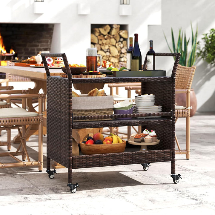 COSTWAY Servierwagen Rattan, Küchenwagen mit 3 Ablagen & Rollen & Seitengriffen, Grillwagen Grilltis
