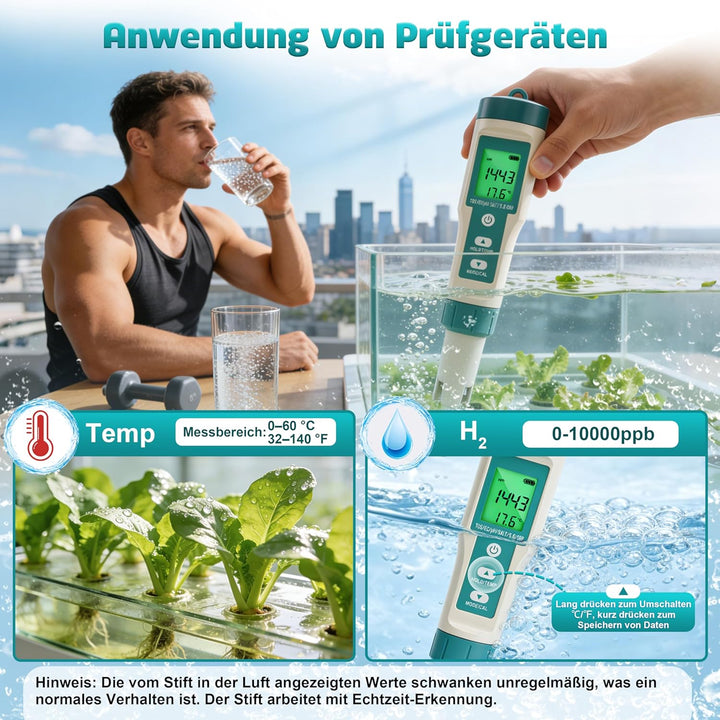 8 in 1 PH Messgerät Wasser, pH Wert Messgerät, misst pH ORP Salzgehalt TDS EC Temperatur, Digitaler